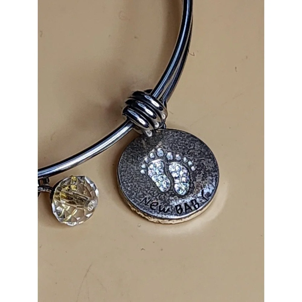 FOOTNOTES 'New Baby' Silver Tone Charm Bracelet Stroller Faceted Crystal & Heart